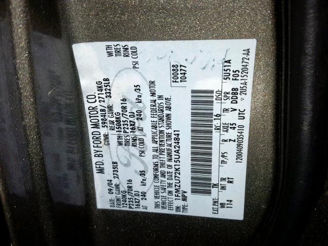 1FMZU72K15UA24841 - 2005 FORD EXPLORER X TAN photo 10