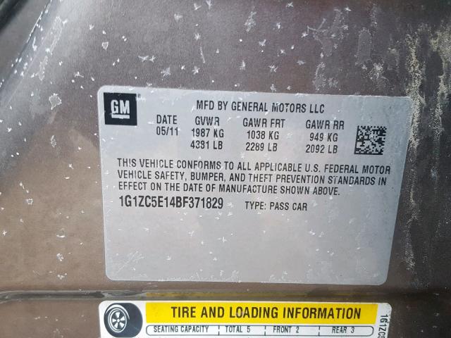 1G1ZC5E14BF371829 - 2011 CHEVROLET MALIBU 1LT 棕色 照片 10