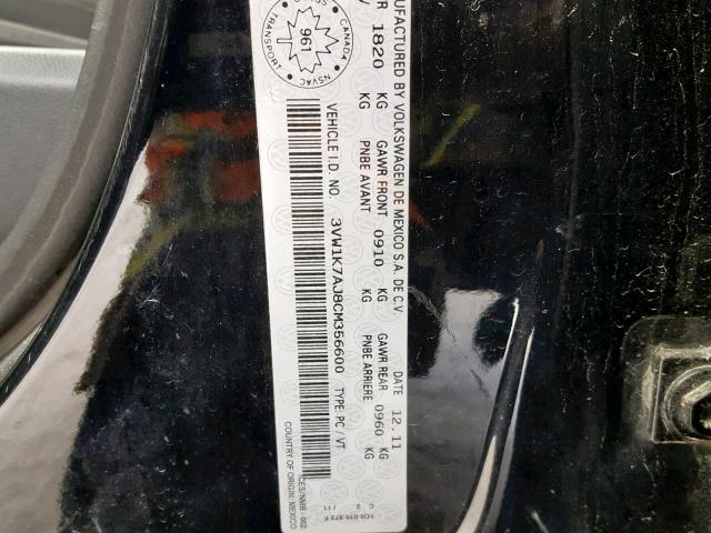 3VW1K7AJ8CM356600 - 2012 VOLKSWAGEN JETTA BASE BLACK photo 10