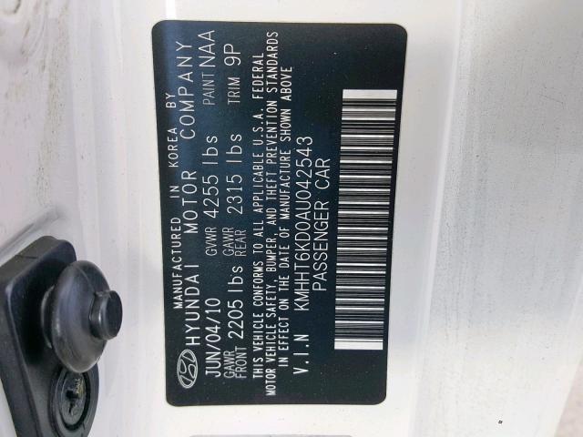 KMHHT6KD0AU042543 - 2010 HYUNDAI GENESIS CO WHITE photo 10