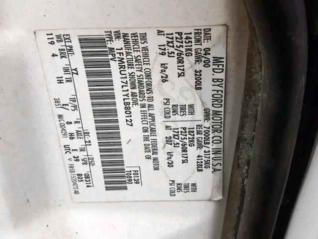 1FMRU17L1YLB80127 - 2000 FORD EXPEDITION WHITE photo 10