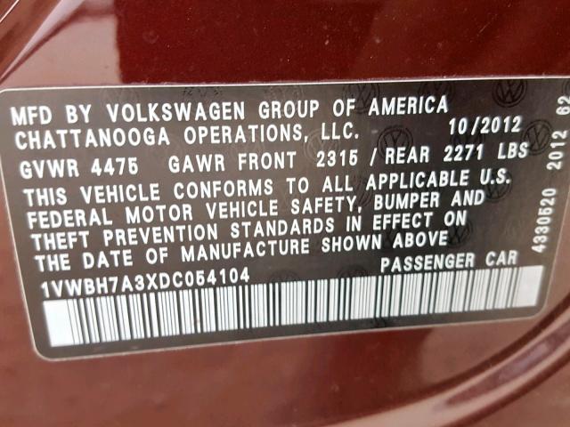 1VWBH7A3XDC054104 - 2013 VOLKSWAGEN PASSAT SE MAROON photo 10