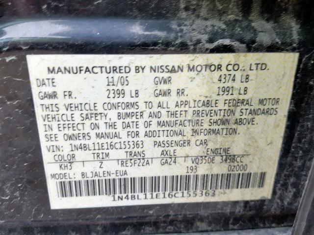 1N4BL11E16C155363 - 2006 NISSAN ALTIMA SE BLACK photo 10