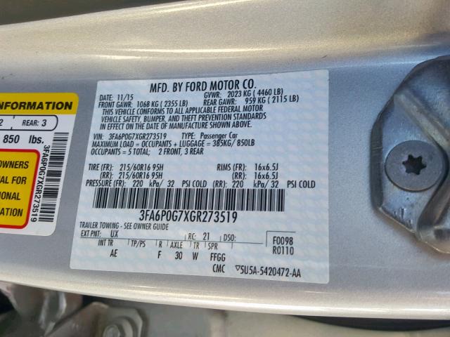 3FA6P0G7XGR273519 - 2016 FORD FUSION S SILVER photo 10