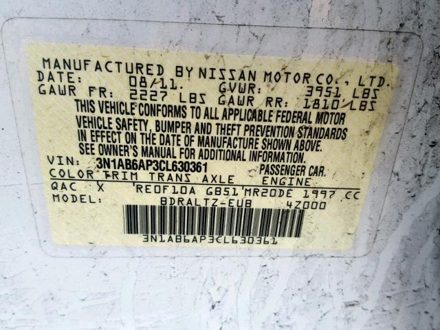 3N1AB6AP3CL630361 - 2012 NISSAN SENTRA 2.0 WHITE photo 10