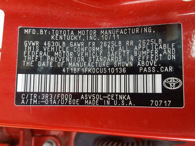 4T1BF1FK0CU510136 - 2012 TOYOTA CAMRY BASE RED photo 10