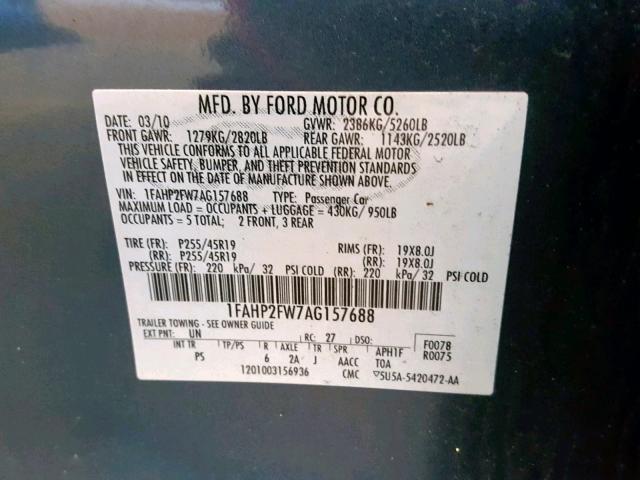 1FAHP2FW7AG157688 - 2010 FORD TAURUS LIM BLUE photo 10