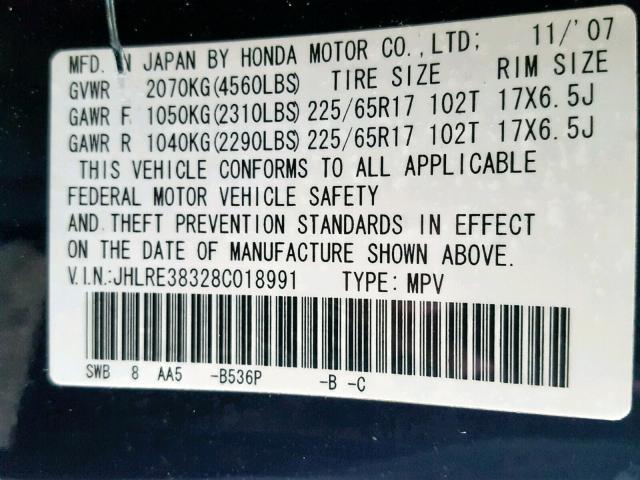 JHLRE38328C018991 - 2008 HONDA CR-V LX BLUE photo 10