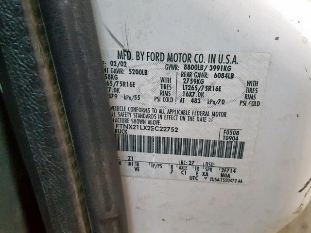 1FTNX21LX2EC22752 - 2002 FORD F250 SUPER WHITE photo 10