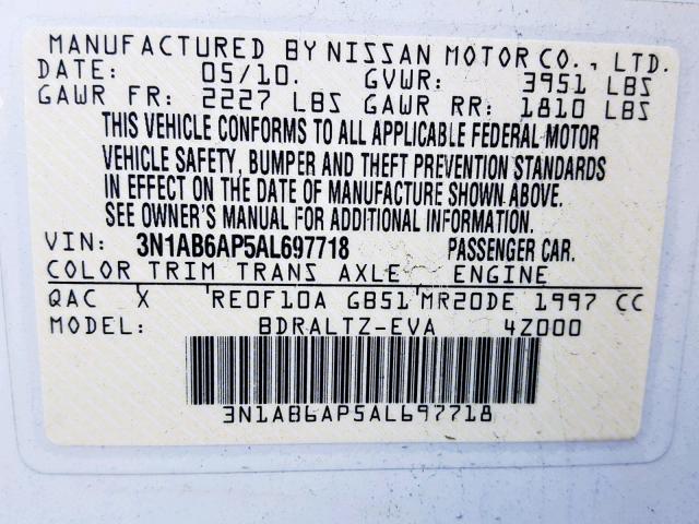 3N1AB6AP5AL697718 - 2010 NISSAN SENTRA 2.0 WHITE photo 10