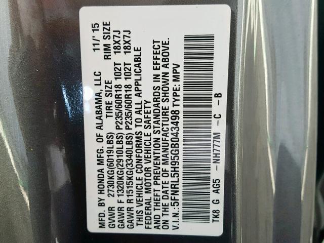 5FNRL5H95GB043498 - 2016 HONDA ODYSSEY TO GRAY photo 10