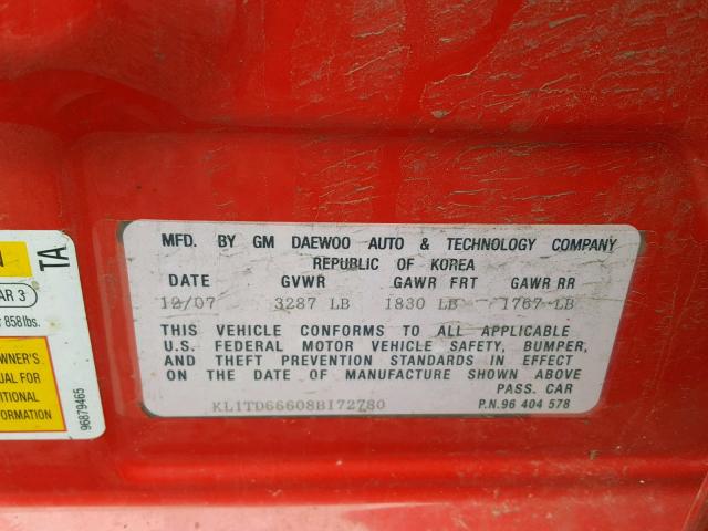 KL1TD66608B172780 - 2008 CHEVROLET AVEO BASE Қызыл фото 10