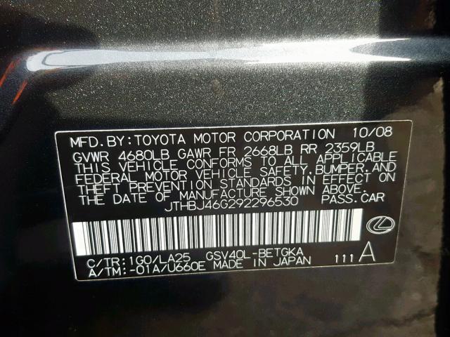 JTHBJ46G292296530 - 2009 LEXUS ES 350 灰色 照片 10