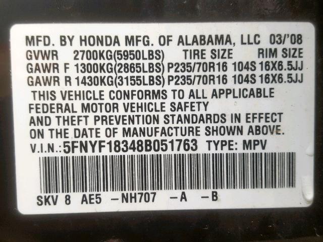 5FNYF18348B051763 - 2008 HONDA PILOT SE BLACK photo 10