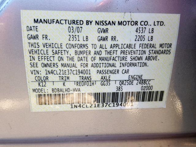 1N4CL21E37C194001 - 2007 NISSAN ALTIMA HYB SILVER photo 10