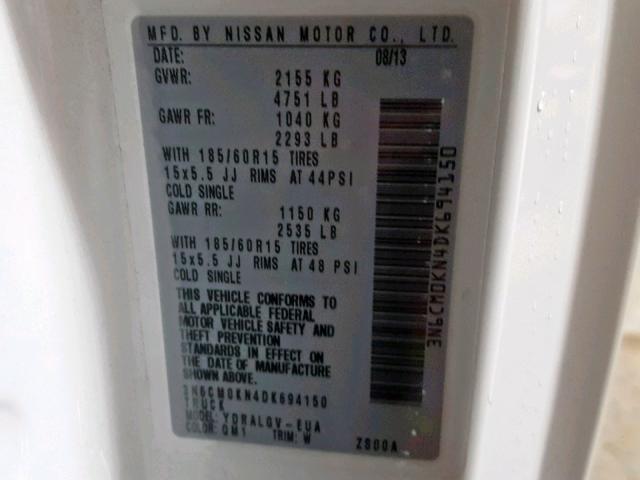 3N6CM0KN4DK694150 - 2013 NISSAN NV200 2.5S 白色 照片 10