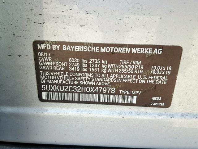 5UXKU2C32H0X47978 - 2017 BMW X6 XDRIVE3 SILVER photo 10