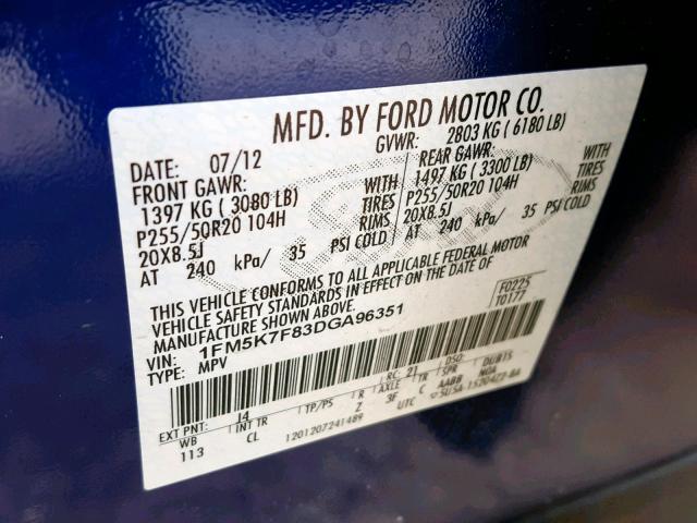 1FM5K7F83DGA96351 - 2013 FORD EXPLORER L BLUE photo 10