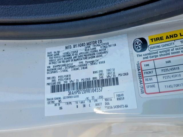 3FAHP07Z09R104557 - 2009 FORD FUSION SE WHITE photo 10