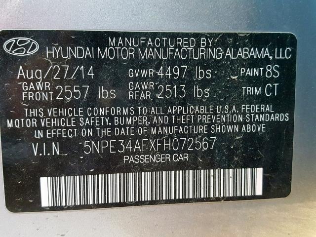 5NPE34AFXFH072567 - 2015 HYUNDAI SONATA SPO Plata foto 10