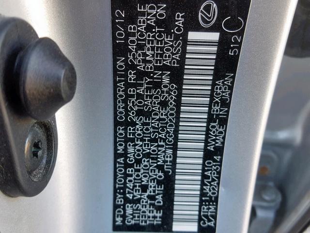 JTHBW1GG4D2009969 - 2013 LEXUS ES 300H SILVER photo 10