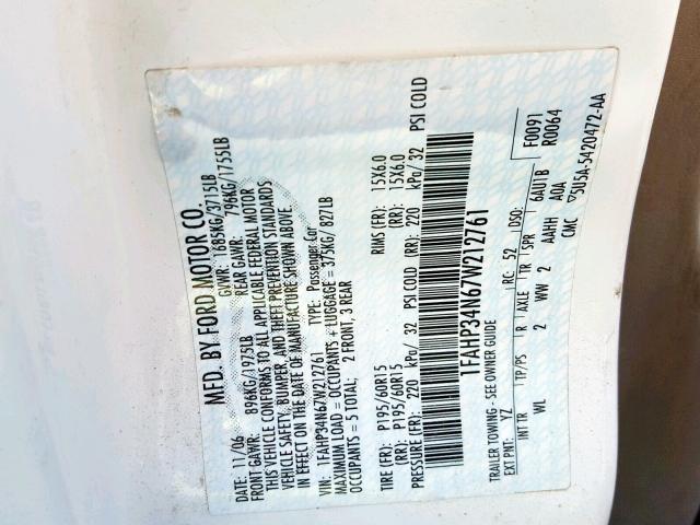 1FAHP34N67W212761 - 2007 FORD FOCUS ZX4 WHITE photo 10