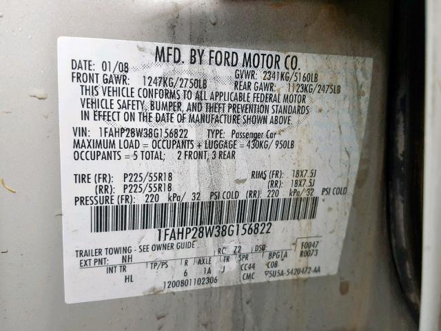 1FAHP28W38G156822 - 2008 FORD TAURUS LIM CREAM photo 10