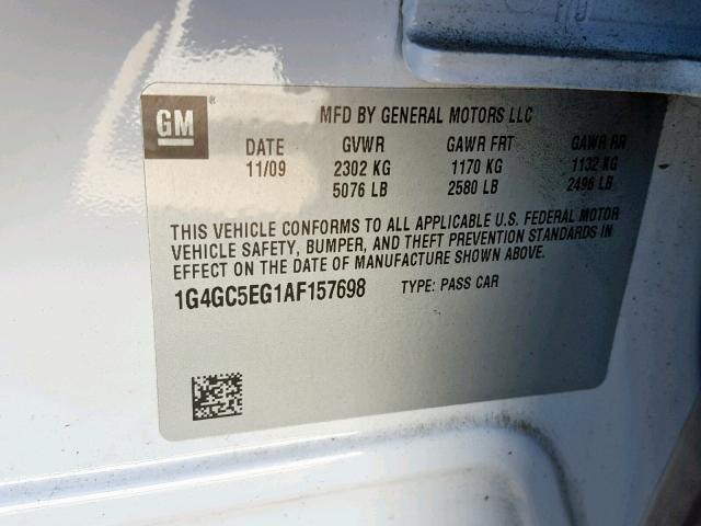 1G4GC5EG1AF157698 - 2010 BUICK LACROSSE C WHITE photo 10