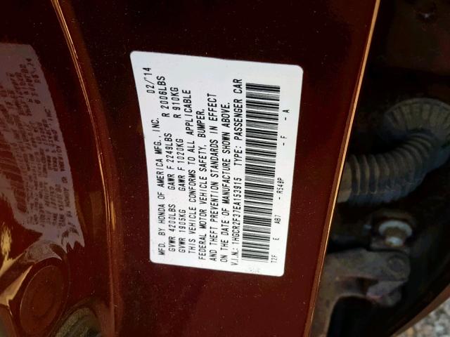 1HGCR2F37EA153915 - 2014 HONDA ACCORD LX 勃艮第红 照片 10