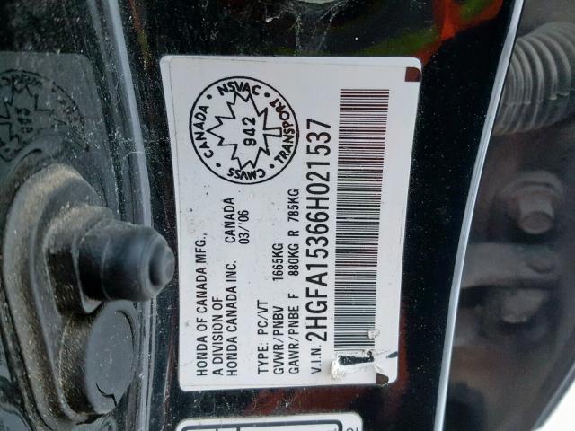 2HGFA15366H021537 - 2006 HONDA CIVIC DX BLACK photo 10