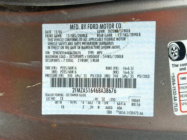 2FMZA51646BA38676 - 2006 FORD FREESTAR S GRAY photo 10