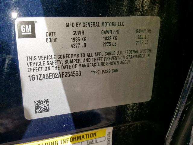 1G1ZA5E02AF254553 - 2010 CHEVROLET MALIBU LS BLUE photo 10