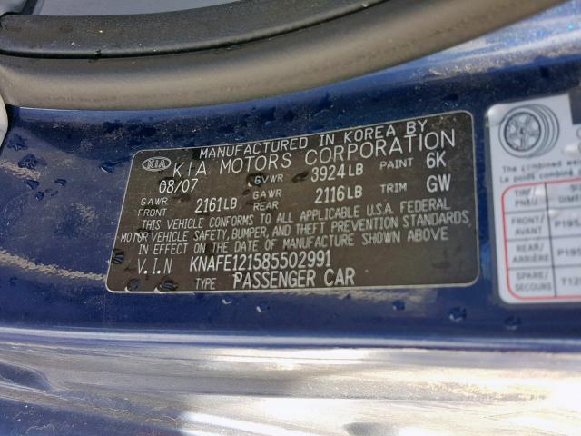 KNAFE121585502991 - 2008 KIA SPECTRA EX BLUE photo 10