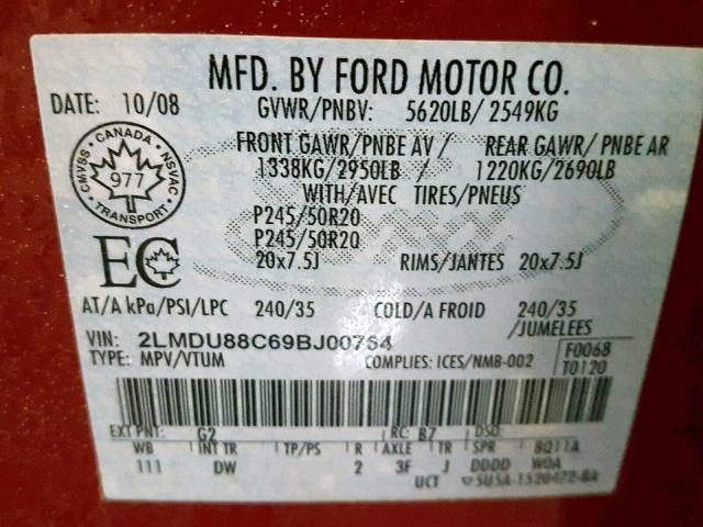 2LMDU88C69BJ00764 - 2009 LINCOLN MKX RED photo 10