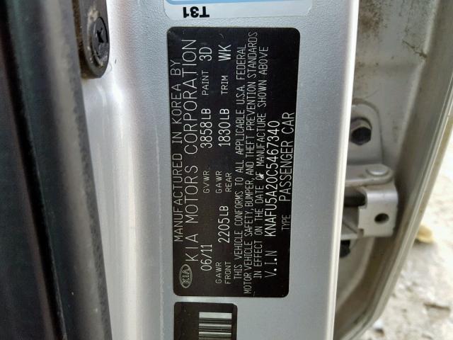 KNAFU5A20C5467340 - 2012 KIA FORTE EX Gümüş foto 10