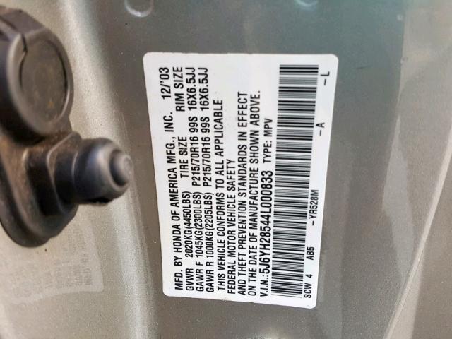 5J6YH28544L000833 - 2004 HONDA ELEMENT EX SILVER photo 10