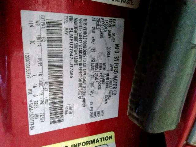 5LMFU27547LJ17495 - 2007 LINCOLN NAVIGATOR 红色 照片 10