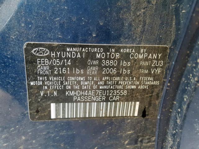 KMHDH4AE7EU123558 - 2014 HYUNDAI ELANTRA SE 蓝色 照片 10