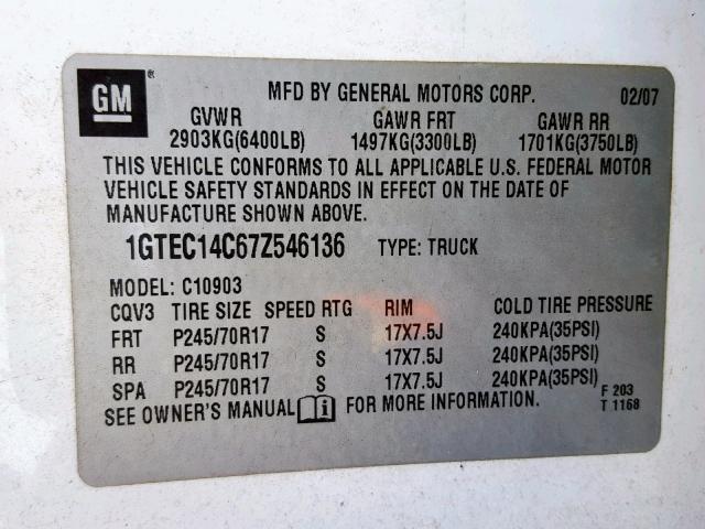 1GTEC14C67Z546136 - 2007 GMC NEW SIERRA WHITE photo 10