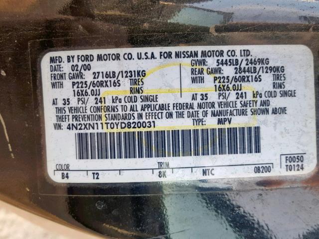 4N2XN11T0YD820031 - 2000 NISSAN QUEST SE BLACK photo 10