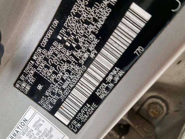 JTEGD21A030069910 - 2003 TOYOTA HIGHLANDER SILVER photo 10