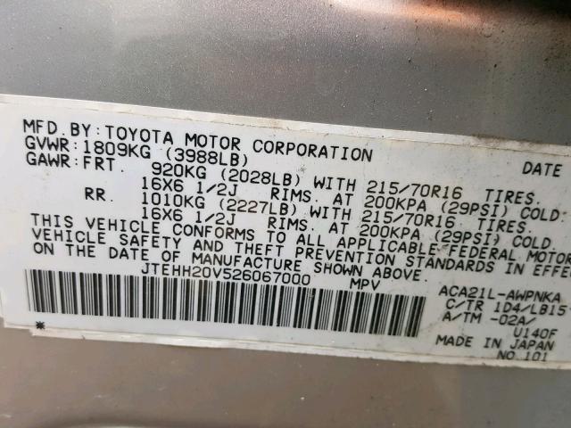 JTEHH20V526067000 - 2002 TOYOTA RAV4 SILVER photo 10