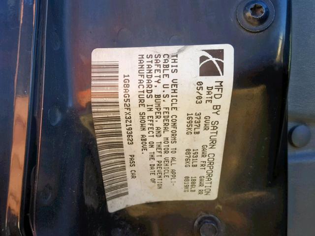 1G8AG52FX3Z193623 - 2003 SATURN ION LEVEL BLACK photo 10