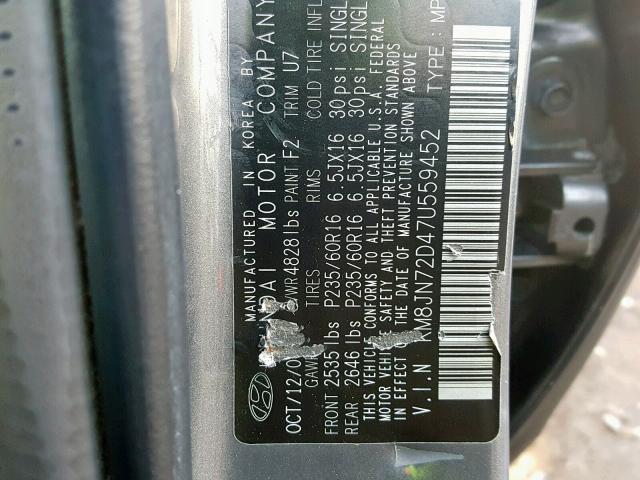 KM8JN72D47U559452 - 2007 HYUNDAI TUCSON SE Boz foto 10