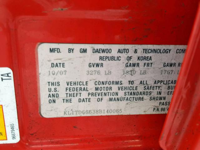 KL1TD66638B140065 - 2008 CHEVROLET AVEO BASE Qırmızı foto 10