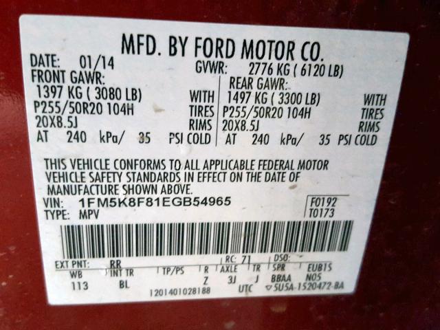 1FM5K8F81EGB54965 - 2014 FORD EXPLORER L MAROON photo 10