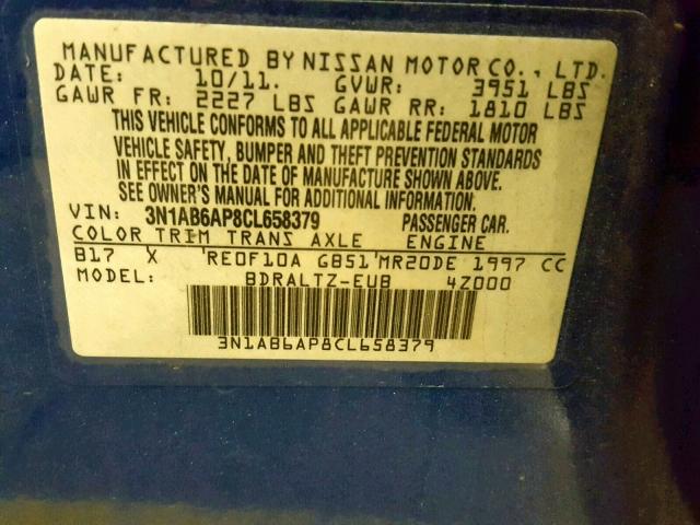 3N1AB6AP8CL658379 - 2012 NISSAN SENTRA 2.0 BLUE photo 10