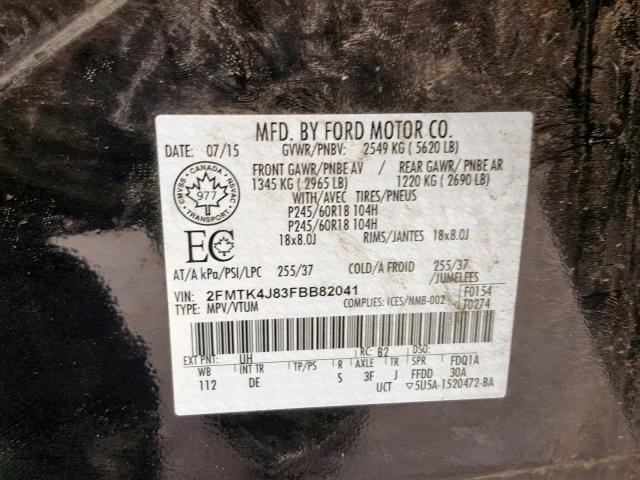 2FMTK4J83FBB82041 - 2015 FORD EDGE SEL BLACK photo 10