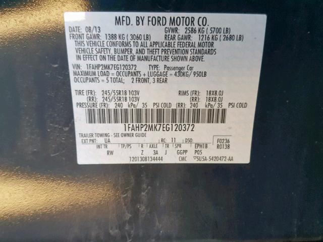 1FAHP2MK7EG120372 - 2014 FORD TAURUS POL BLACK photo 10