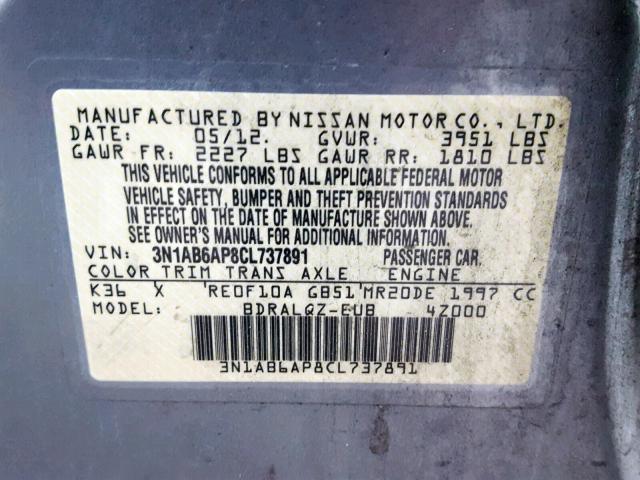 3N1AB6AP8CL737891 - 2012 NISSAN SENTRA 2.0 GRAY photo 10